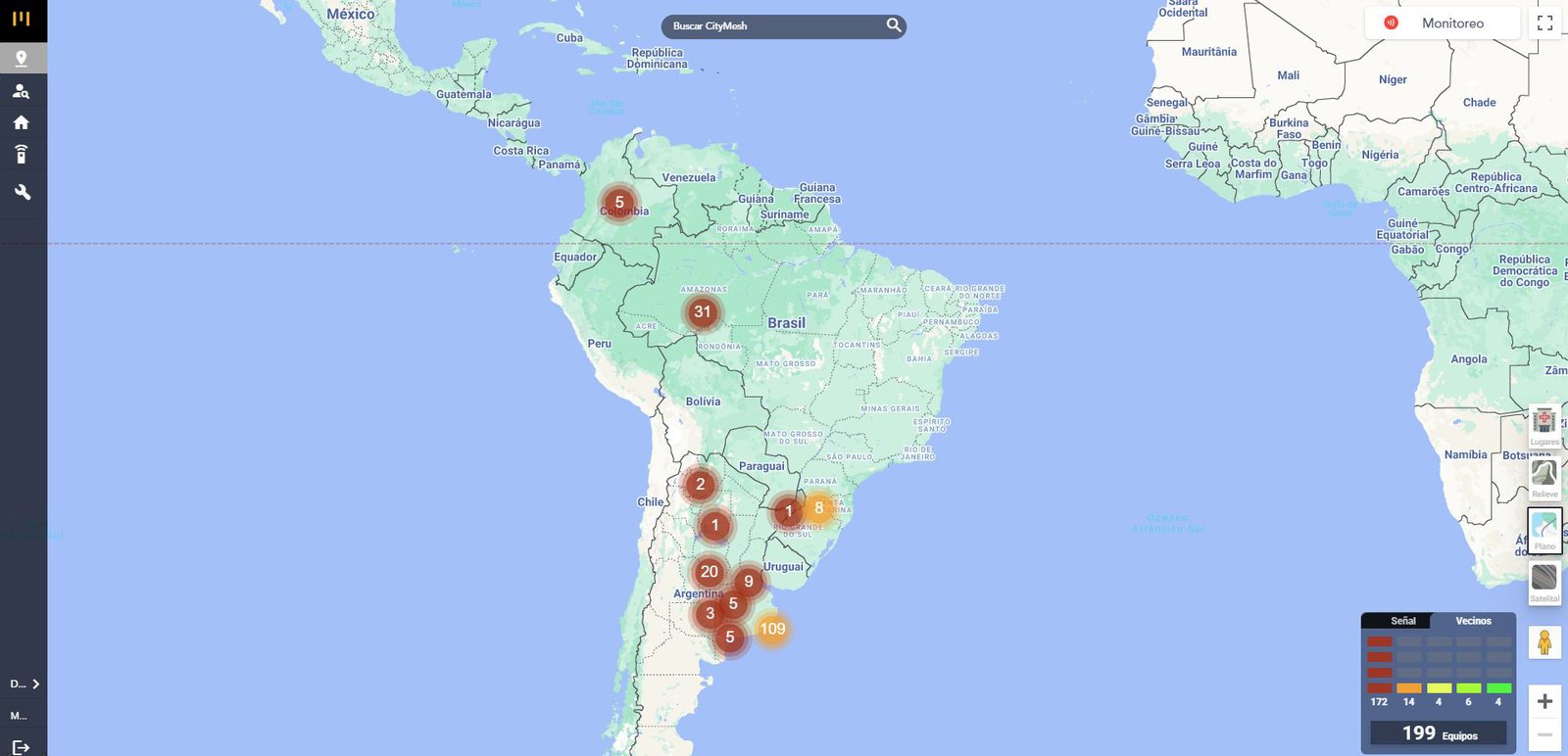 Mapa de Deitres Cloud con equipos agrupados por color en Sudamérica
