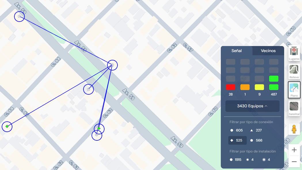 Vínculos entre vecinos de la red Mesh dibujados sobre el mapa